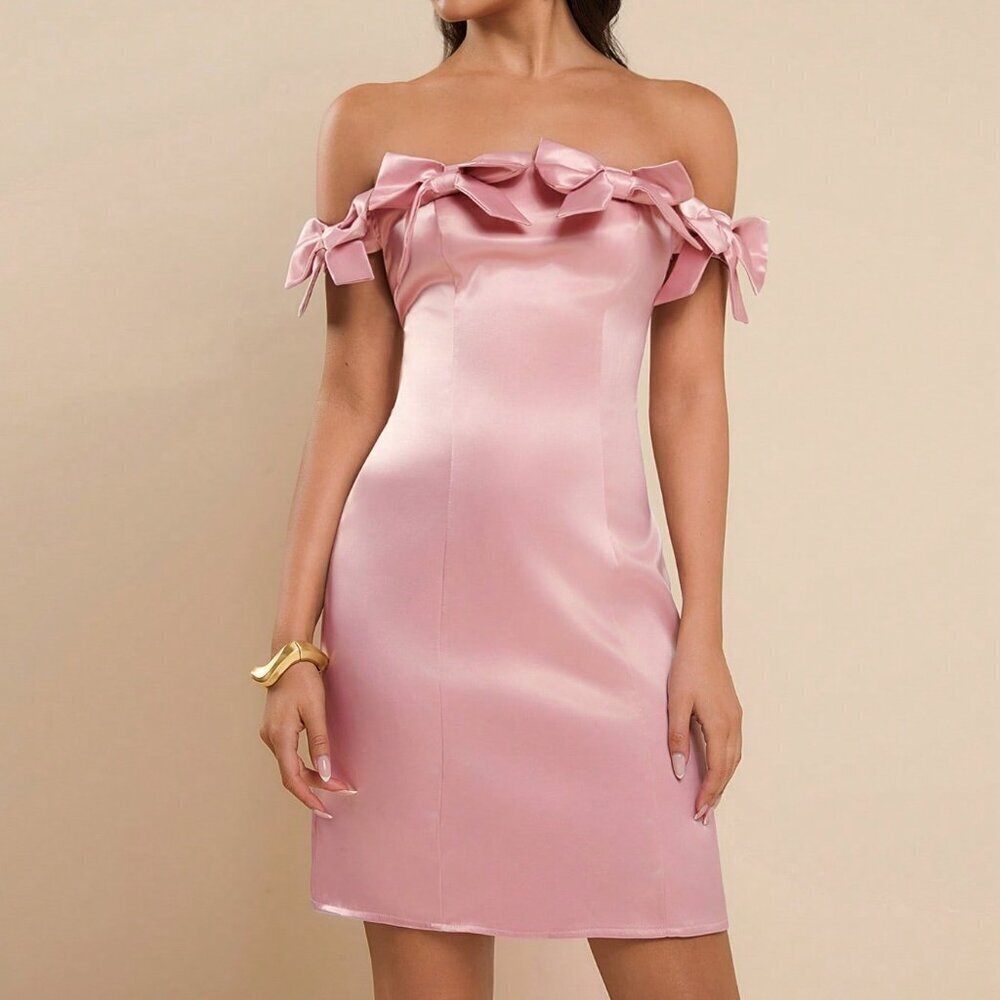 Pink Casual Women's Elegant Off Shoulder Bowknot Decor Mini Dress